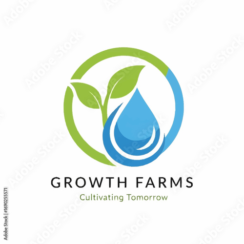 Growth Farms logo featuring a blue water drop and green leaves within a circular design, symbolizing agriculture and sustainability.