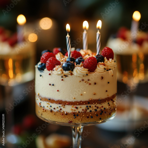 A cake topped with candles and berries.