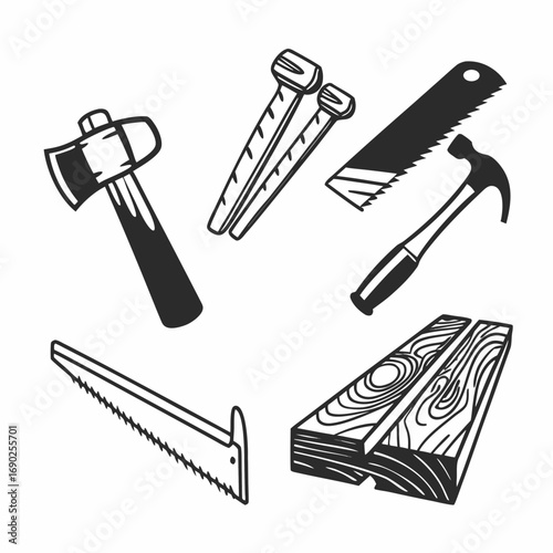 Illustration of carpentry tools including axe, nails, saws, hammer and wood