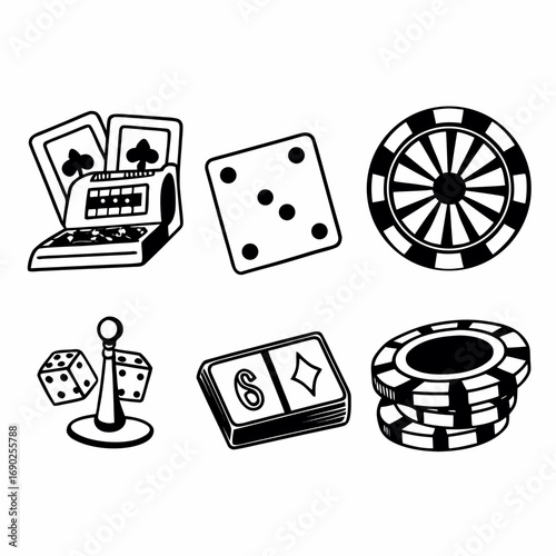 Casino gambling games and equipment, including cards, dice, roulette, and chips