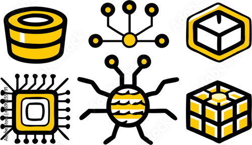 Set of yellow and black stylized icons representing data storage, artificial intelligence, computing, and network connections for digital technology