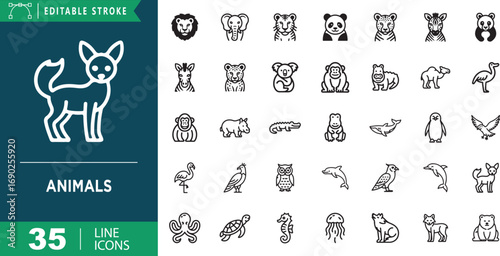 Animals and Wildlife Line Icons Set with Diverse Creatures Keywords: animals, wildlife, icons, lion, elephant, tiger, panda, leopard, zebra, koala, monkey, camel, flamingo