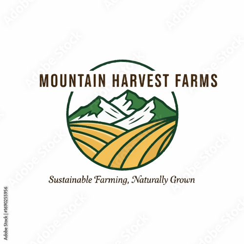 A circular logo for Mountain Harvest Farms featuring green mountains, golden fields, and the slogan 'Sustainable Farming, Naturally Grown'.