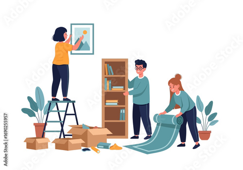 People are moving into a new house, unpacking boxes, and creating memories together. Perfect for real estate brochures or moving company advertisements.