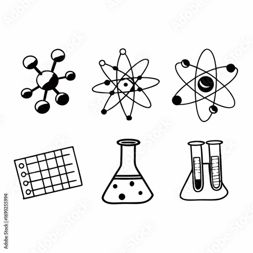 Illustration of science and chemistry icons, including atoms and test tubes
