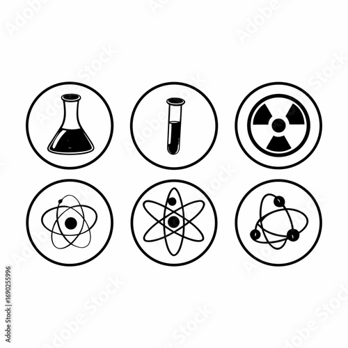 Illustration of science and chemistry icons in circles, including atoms and test tubes