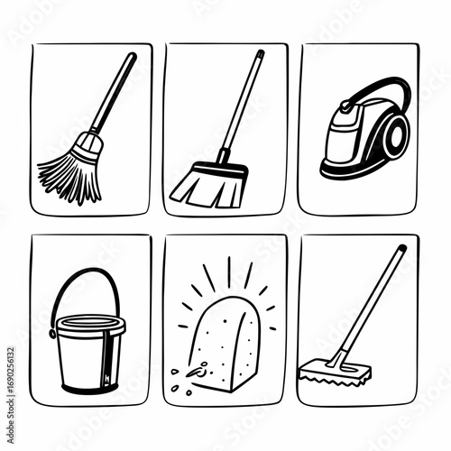 A set of cleaning tool icons including brooms, vacuum cleaners, bucket and soap on