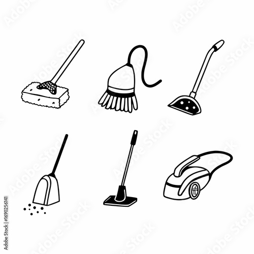 Collection of cleaning tools and equipment doodles, including vacuum, mop, and brush