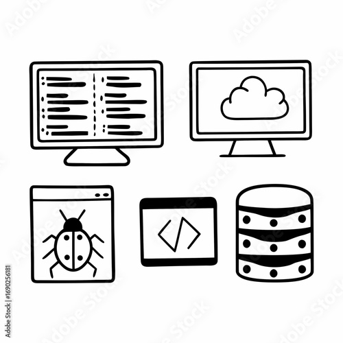 Hand drawn software development concept icons coding and debugging