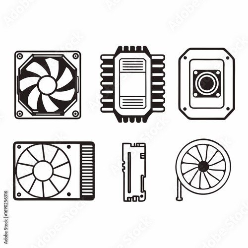 Collection of computer components featuring fans, heatsinks, and processors