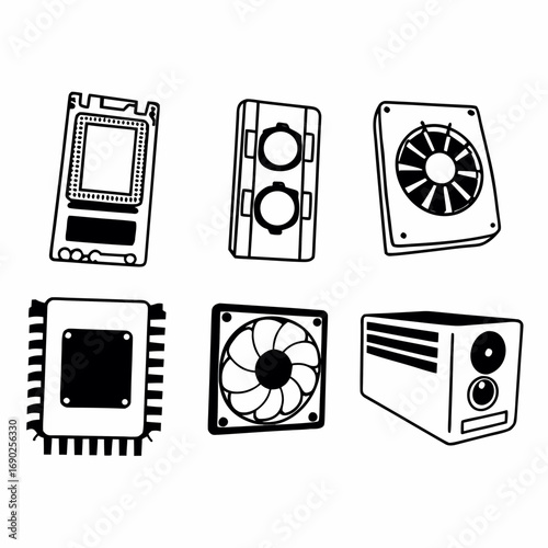 Illustration of computer components, featuring cpu, fan, and other parts