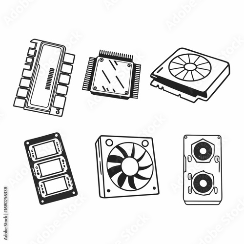 Collection of computer components featuring graphic cards, fans, and processors