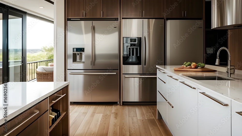 Fototapeta premium Sleek Modern Kitchen with Stainless Steel Appliances