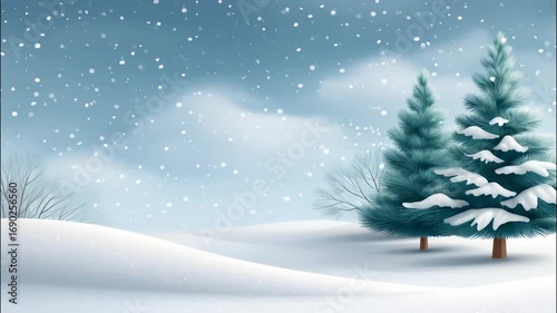 Snowy pine tree winter landscape with falling snow evergreen conifer hill, tranquil snow covered winter snowfall scene with soft blue cloud sky