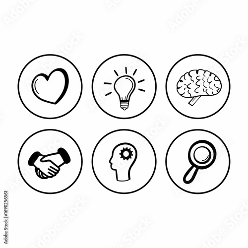 Collection of hand drawn business and education icons in circles