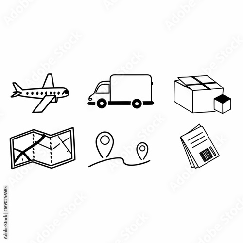 Delivery service icons showing package, van, airplane, map, and document
