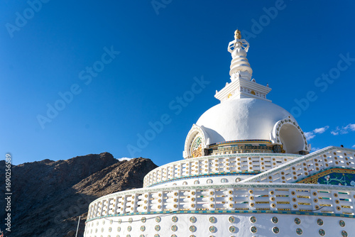 Leh, India - September 12, 2024: Famous Shanti Stupa located on a hilltop overlooking Leh