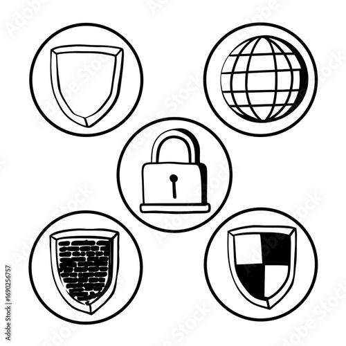 Hand drawn security icons, including shield, padlock, and globe in circle