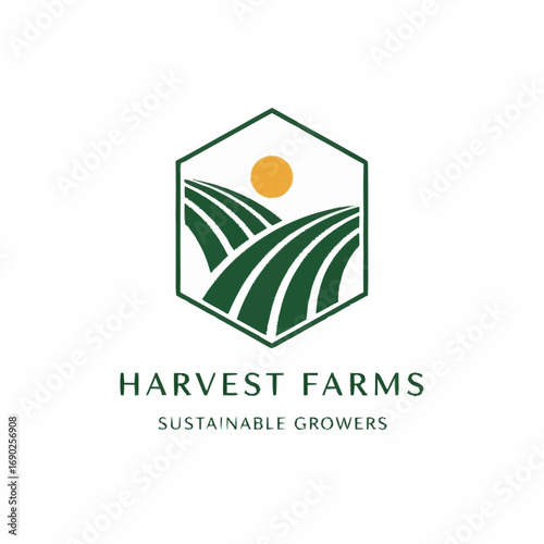 Harvest Farms logo featuring a green hexagon with fields, sun, and text for sustainable growers.