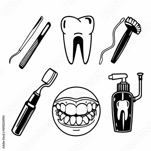 Dental care tools and teeth illustration, including mouth, tooth and bottle