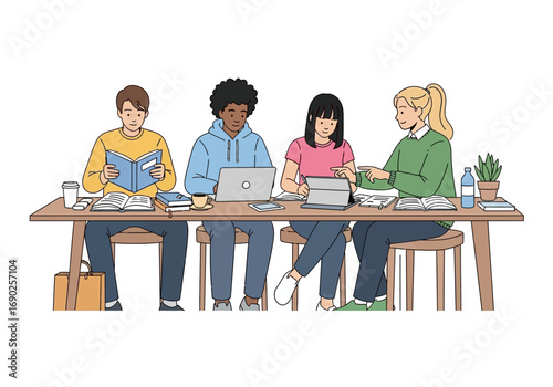 Four young students collaborate at a wooden table, studying and working together. Suitable for educational materials, teamwork concepts, and schoolrelated designs.
