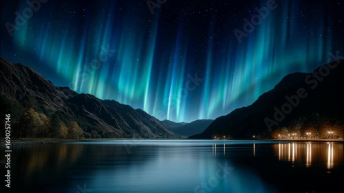 Northern light aurora mountain lake night reflection blue star calm landscape — Northern lights dance over tranquil mountain lake night casting teal
