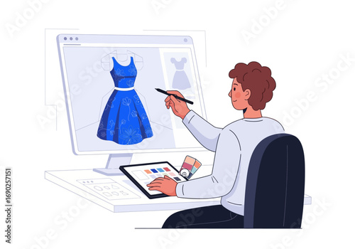 Fashion designer creating a blue dress design digitally. Suitable for fashion blogs, social media posts, and design portfolios showcasing creativity.