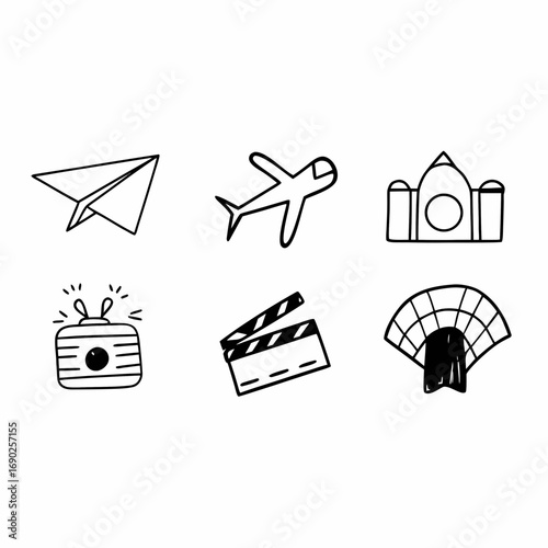 Collection of six hand drawn travel icons in vector format