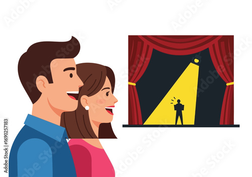 Romantic couple enjoys a live performance with curtains and stage. Suitable for concert promotions or entertainmentthemed designs. Ideal for event posters and website banners.