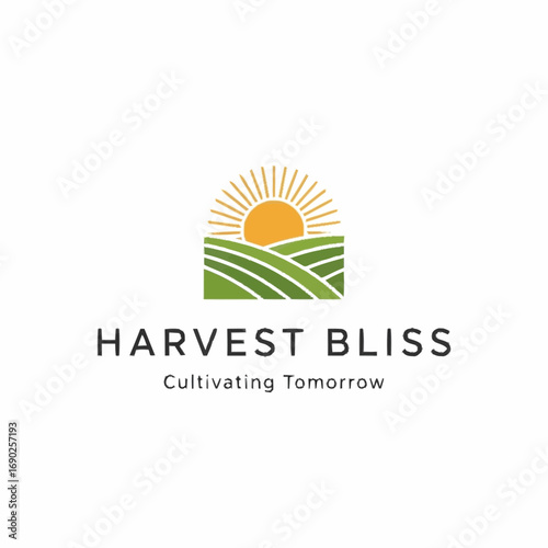 Harvest Bliss logo featuring a stylized sun rising over green fields, with text below.