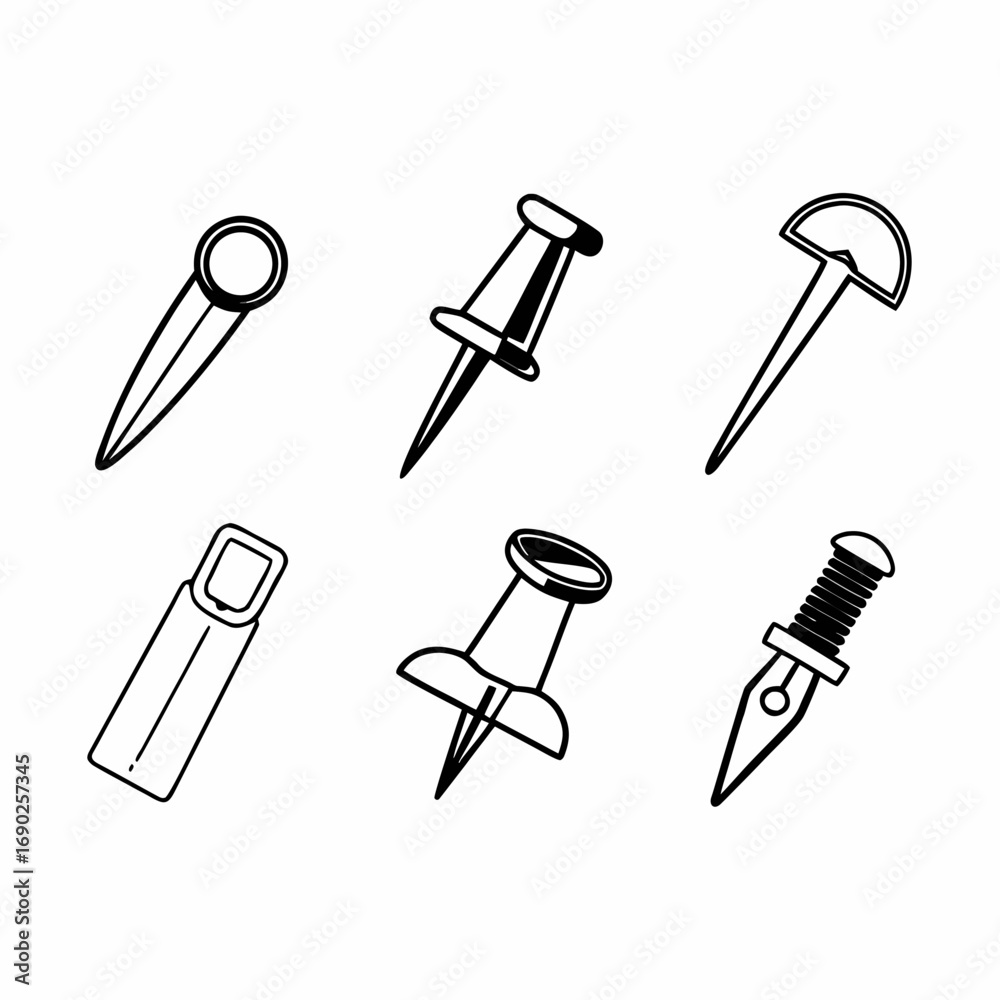 Collection of six push pin icons, thumbtacks, drawing pins