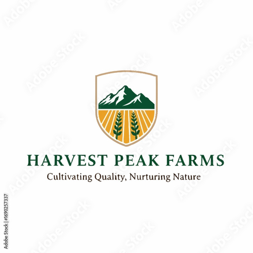 Harvest Peak Farms logo: green shield with mountains and wheat.