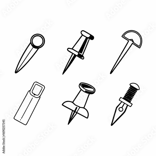 Collection of six push pin icons, thumbtacks, drawing pins