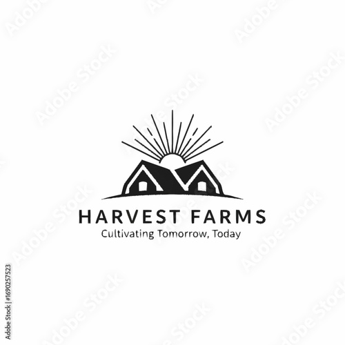 Minimalist black and white logo for Harvest Farms featuring two stylized farm buildings and a radiant rising sun.