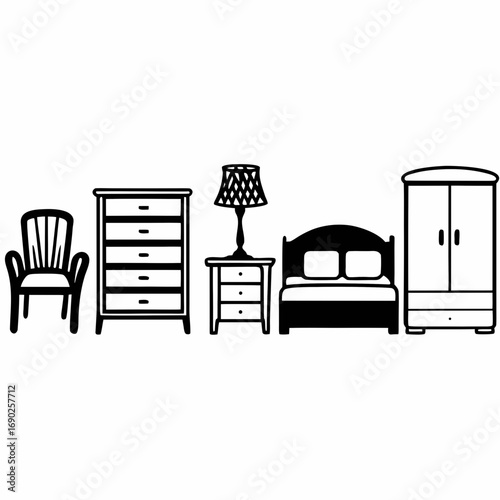 Furniture icons includes chair, dresser, lamp, bed, and wardrobe