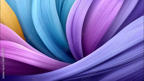 Abstract vibrant layered silk wave fabric texture flowing purple blue ribbon curves with graceful colorful motion and elegant soft flow