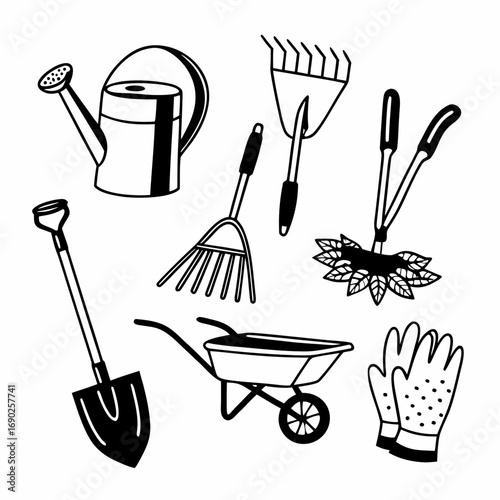 Assortment of gardening equipment, including watering can, rake, shovel, wheelbarrow, and gloves