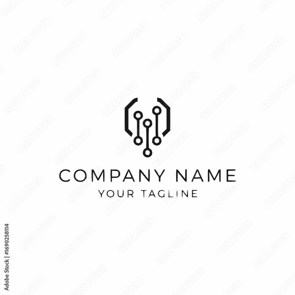 Obraz premium A minimalist black and white logo featuring a shield-like emblem with circuit board elements and the text COMPANY NAME and YOUR TAGLINE below.