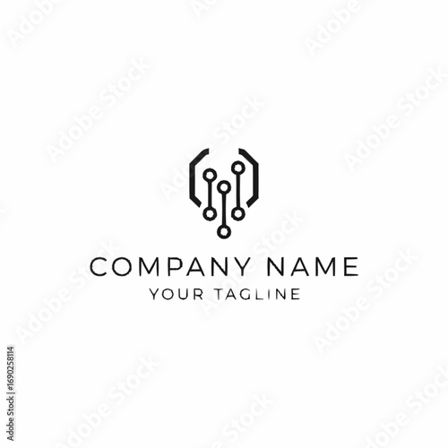 A minimalist black and white logo featuring a shield-like emblem with circuit board elements and the text COMPANY NAME and YOUR TAGLINE below.