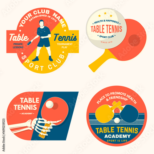 Table tennis badge, emblem with skull hand hold ping pong racket and sports man athlete playing tennis. Vector. For table tennis logotype templates and badges. Place to promote health and friendship
