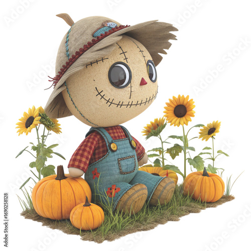 cute rag doll scarecrow sitting happily with a warm smile White Background