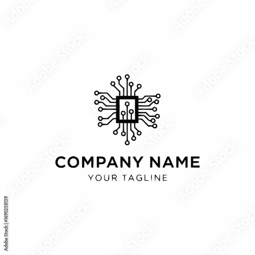 Minimalist circuit board logo design with radiating lines and central square, representing technology and connectivity.