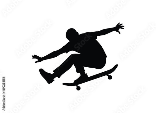 Dynamic skateboarder silhouette performing aerial trick against white space