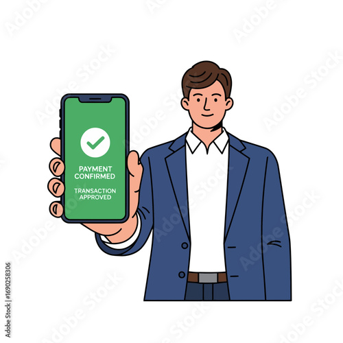 Mobile payment confirmation vector. Get a professional, bold-line vector graphic of a smartphone with a payment success screen. Essential for digital transaction designs.