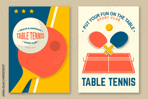 Set of Table tennis poster, banner, magazine template with table, ping pong rackets, ball. Vector. Place to promote health and friendship