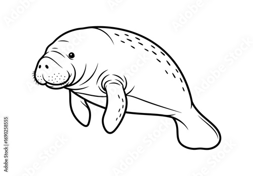 Minimalist black and white line art of a manatee, a gentle aquatic mammal, ideal for educational content, coloring pages, or graphic design projects