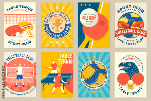 Set of table tennis and volleyball sport club poster, banner, magazine template with volleyball ball, player, ping pong, table tennis rackets. Vector.
