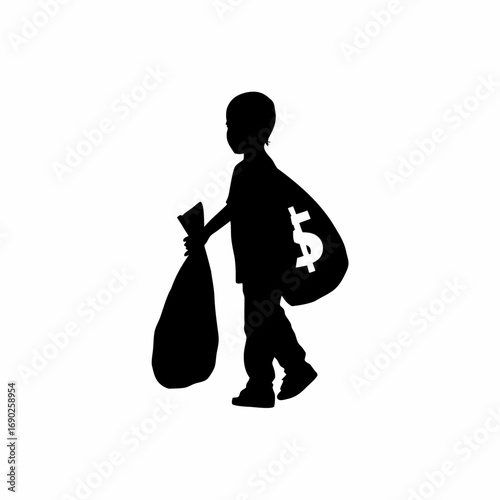Silhouette of a boy carrying a heavy bag symbolizing financial burden isolated on white background