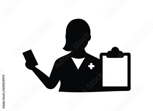 Medical professional silhouette holding clipboard and medical device icon