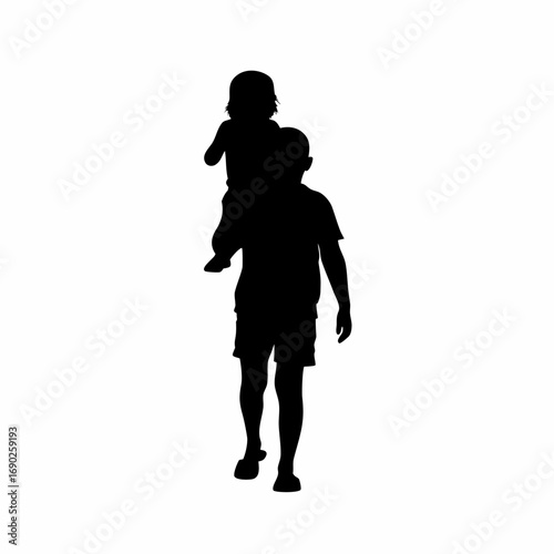 Silhouette of a boy carrying his little sister on his shoulders isolated on white background